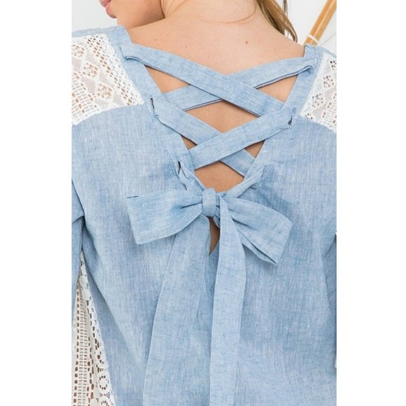 Women Washed Light Denim Blue Cotton Lace Details Bow Tie Asymmetric Top - T8705 - Picture 7 of 11